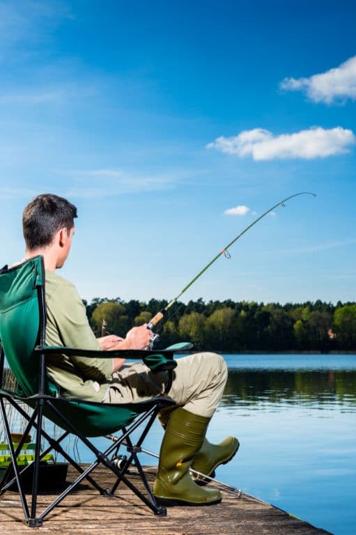 pêcheur assis au bord d'un lac entrain de pêcher